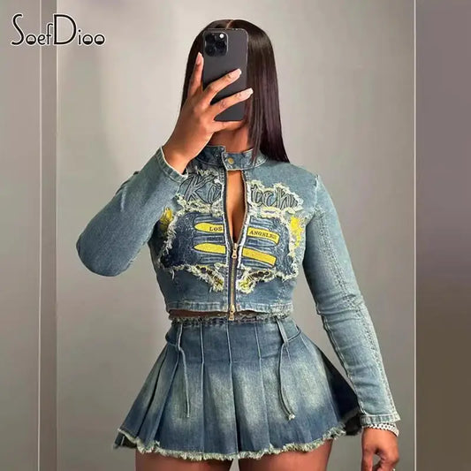 Beejay Fashion Denim Two Piece Set Women Hipster Embroidery Jackets and Pleated Mini Skirts